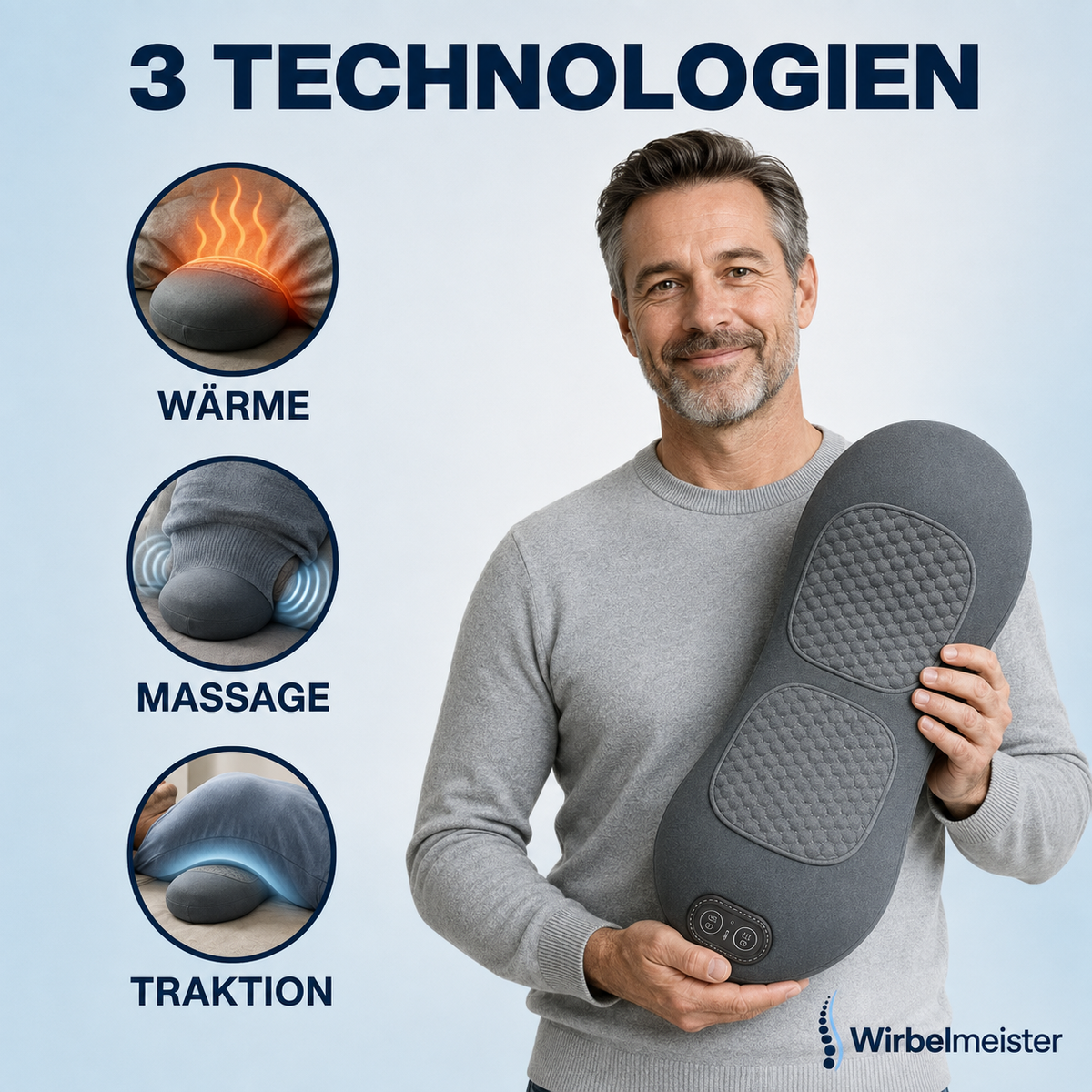 Wirbelmeister — 3-in-1 Rückenmassagegerät mit Tiefenwärme, Dehnung & Punktmassage