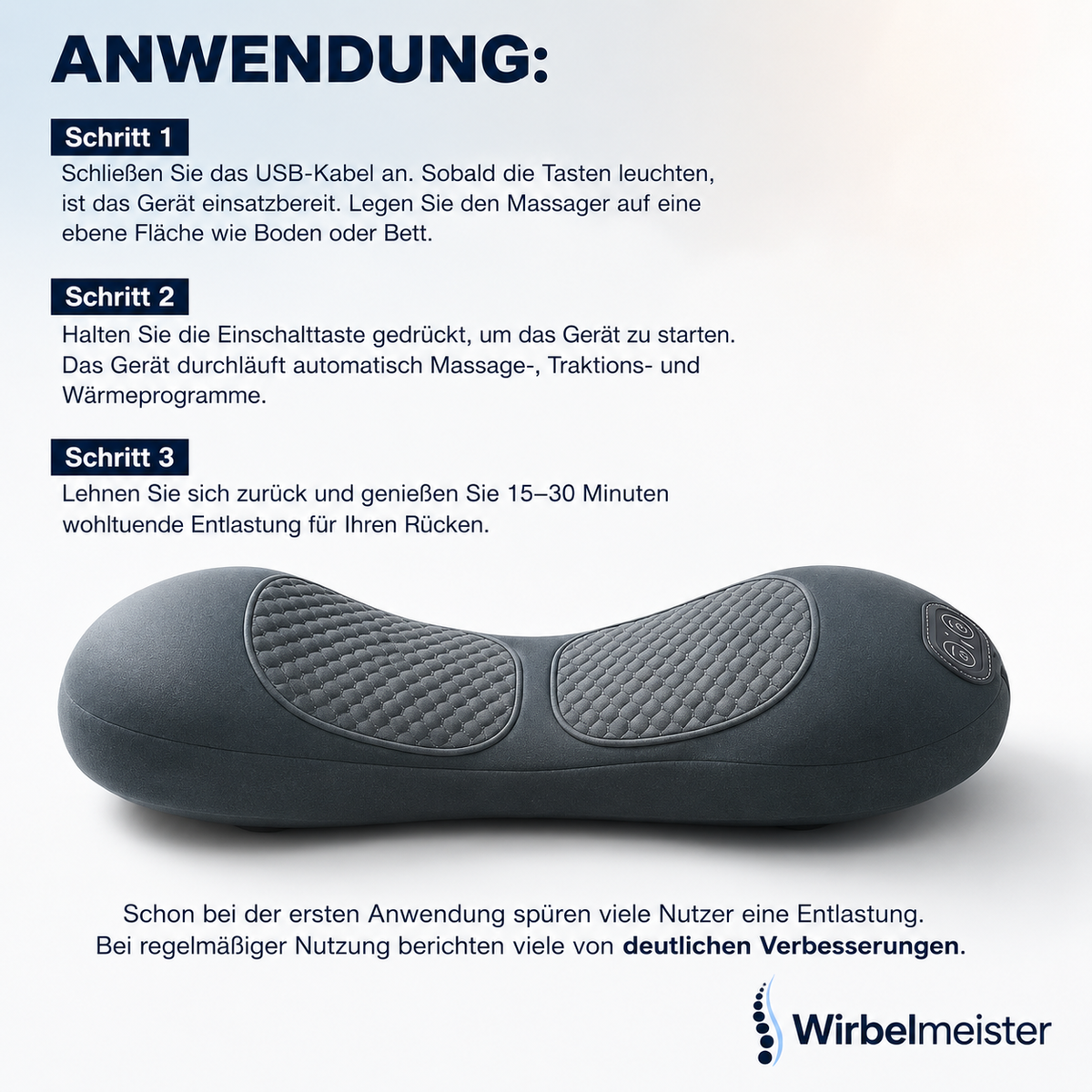 Wirbelmeister — 3-in-1 Rückenmassagegerät mit Tiefenwärme, Dehnung & Punktmassage